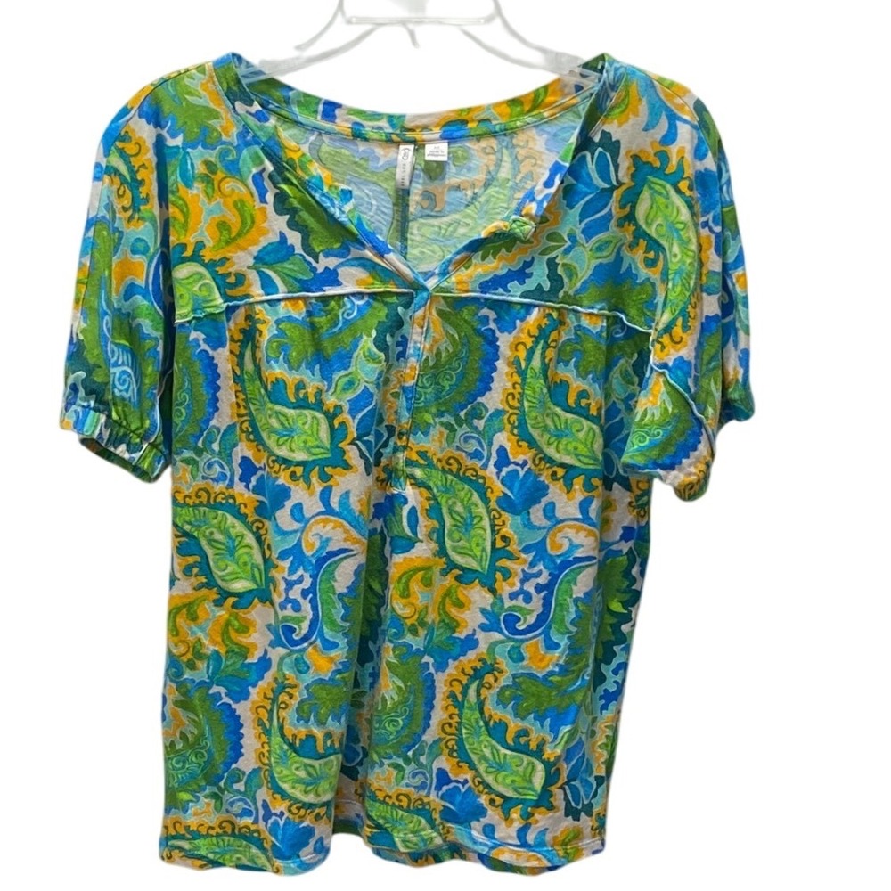 CATO Women's M‎ Paisley Print V-Neck Short Sleeve Top Blue Green Yellow - Picture 5 of 6